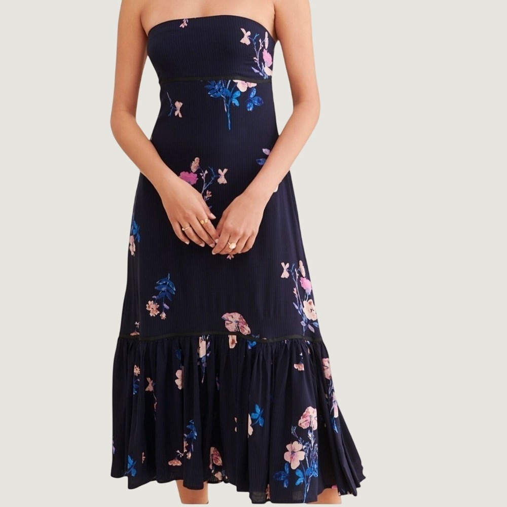 Free People | Dresses | Free People Strapless Midi Dress Size S Floral Cutout Tiered Boho Navy Blue